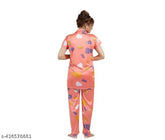 Women's Sarina digital printed satin night suit with short sleeves, vibrant pattern on display